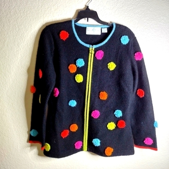 Design Options by Philip and Jane Gordon wool pom pom full zip cardigan sz M - Picture 1 of 9